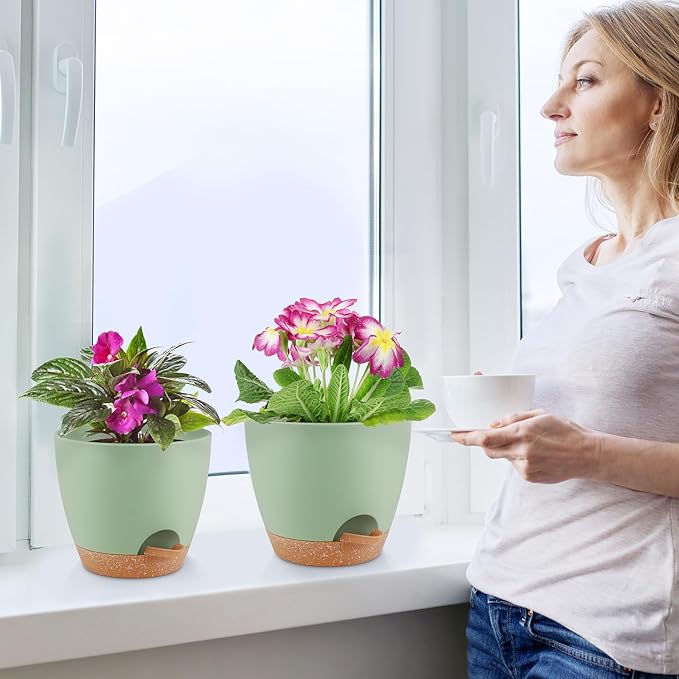 Plant Pots 8/7/6.5/6/5.5/5 Inch Self Watering Pots, Set of 6 Plastic Planters with Drainage Holes and Saucers,Plastic Flower Pots,Nursery Planting Pot for Indoor Out Door Plants(Green)