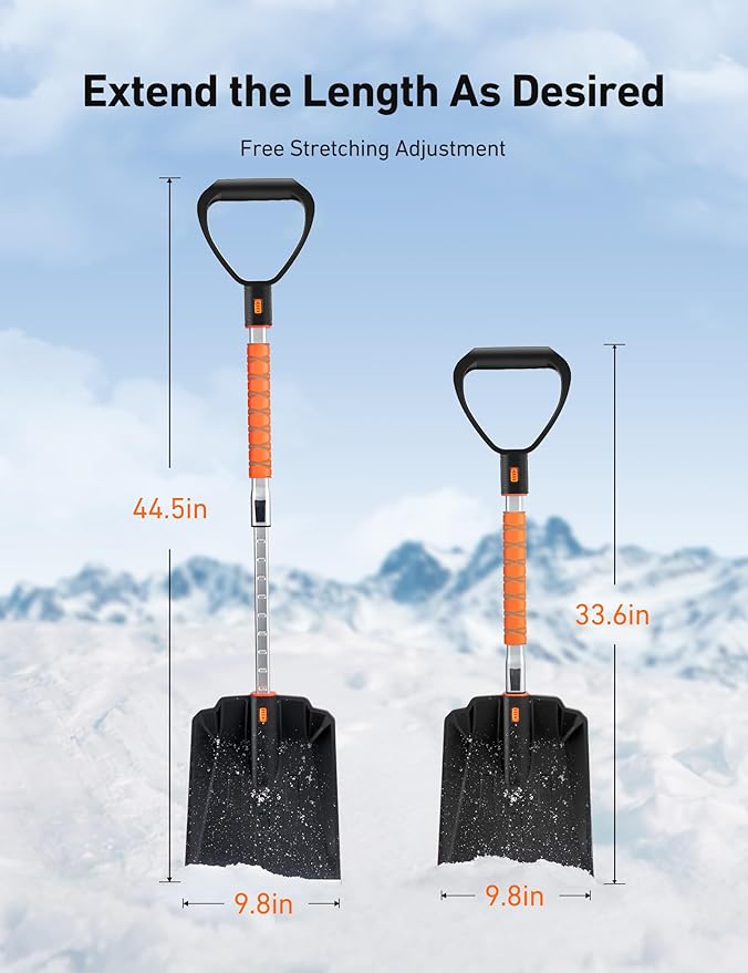 AstroAI Lightweight Snow Shovel for Car, Extendable Snow Shovel with Thickened Aluminum Handle and Blade, Portable and Multifunctional for Driveway, Cars, Snowmobiles, Camping and Emergency