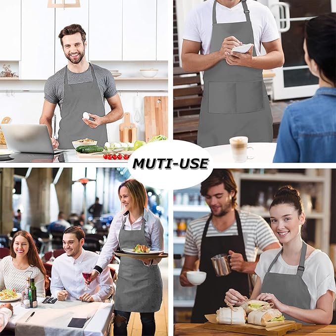 4 Packs Chef Apron, Waterproof Apron, Adjustable Aprons with 2 Pockets for Men Women, Professional Aprons for Kitchen Cooking Gardening Painting Baking Restaurant (Gray)