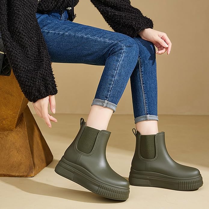Women's PVC Chunky Platform Ankle Rain Boots Waterproof Slip On Anti-slip Chelsea Boots Comfort Wide-leg Elastic Band Outdoor Rubber Garden Work Rain Boots For Yard Farm