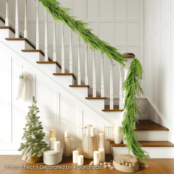 WBHome 2 PCS Real Touch Norfolk Pine Christmas Garland, Winter Greenery Garland for Christmas, Holiday Seasonal Outdoor/Indoor Home Decor, 9FT Long