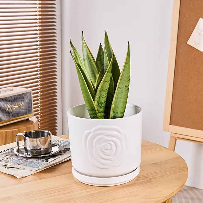Ekirlin 7 inch Flower Plant Pot Indoor - Ceramic Garden Planters, Modern Rose Pattern Plant Pots with Drain Hole Saucer, Weatherproof Decorative Pot for Home, Office & Outdoor (White)