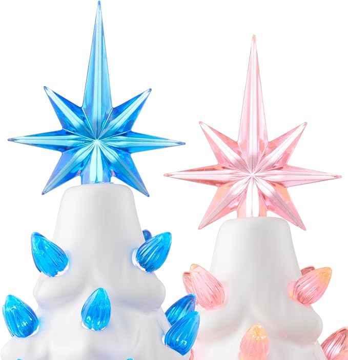 Casafield Hand Painted Ceramic Christmas Tree, White 12-Inch Pre-Lit Tree with 100 Pink and Blue Lights and 2 Star Toppers
