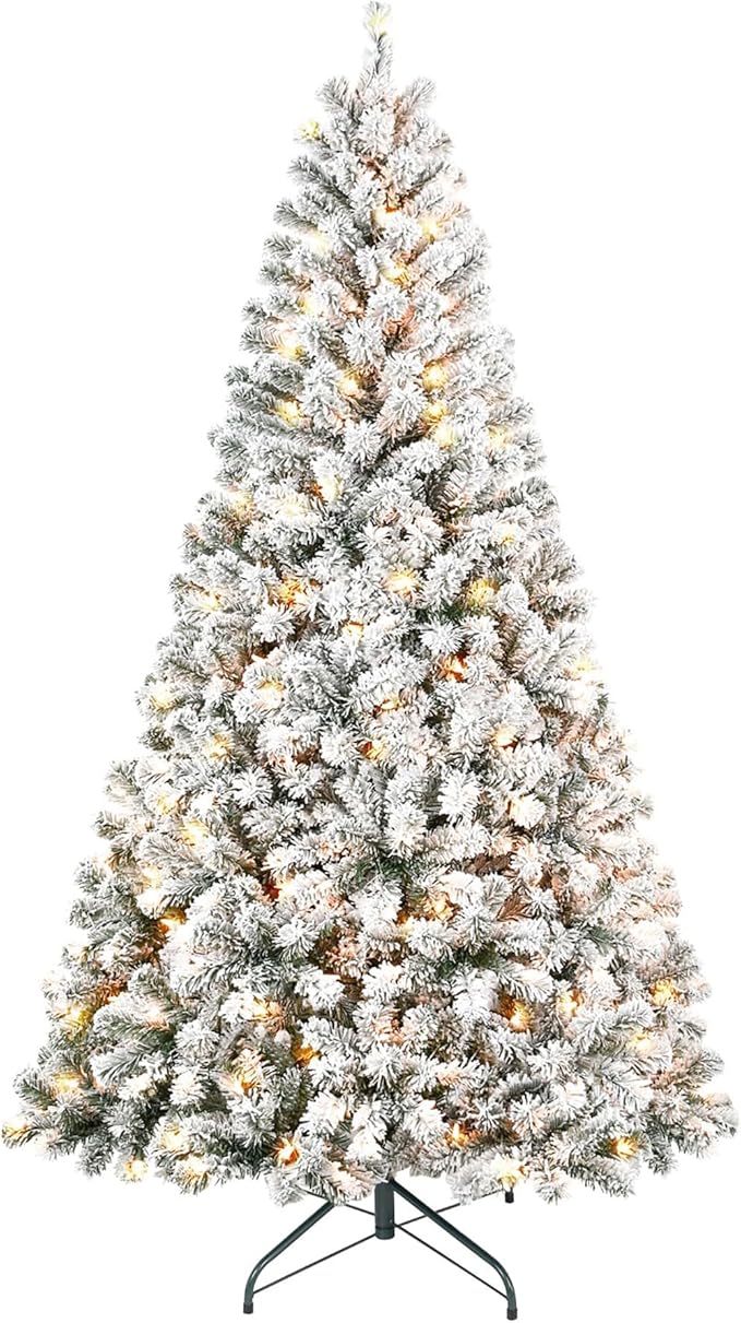 7FT Pre-Lit Flocked Christmas Tree with 350 Warm White Lights, Full White Christmas Tree with Premium PVC Branches, Realistic Snowy Look, Indoor Fake Snow Xmas Tree for Home Office Shops