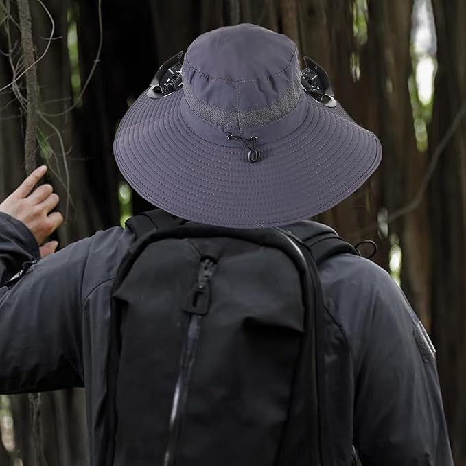 Wide Brim Solar Fan Outdoor Fishing Hat with 2 Solar Fan UPF 50+ Sun Bucket Hat Waterproof Breathable Fishing Hat Bucket Hat