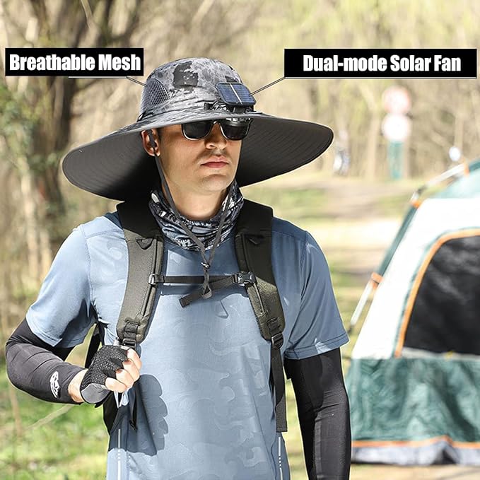 Wide Brim Solar Fan Outdoor Fishing Hat-Solar & USB Charging, Sunscreen Sun Hat with Fan, Solar Fan Hat Upf50+