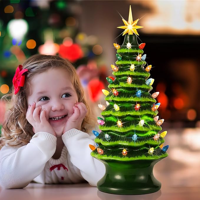 Lakumu 16.5" Table Top Christmas Tree, Hand Painted Resin Christmas Tree with Lights, Pre-lit Xmas Tree Decor Lighted Tabletop Decoration with Multicolored LED Bulbs, Ceramic-Like Finish