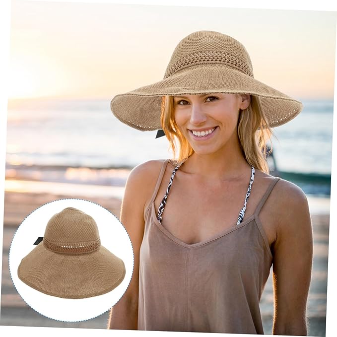 Foldable Bowknot Straw Sun Hat for Women Lightweight Wide Brim Beach Visor for Outdoor Activities Breathable Summer Sun Protection Accessory Portable Garden and Hiking Cap Khaki