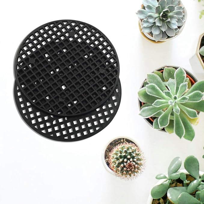 50pcs Plant Drainage Mesh Pads - 2.2 Inch Round Plastic Grid Mat, Breathable Soil Guard for Potted Plants, Bonsai (Black)