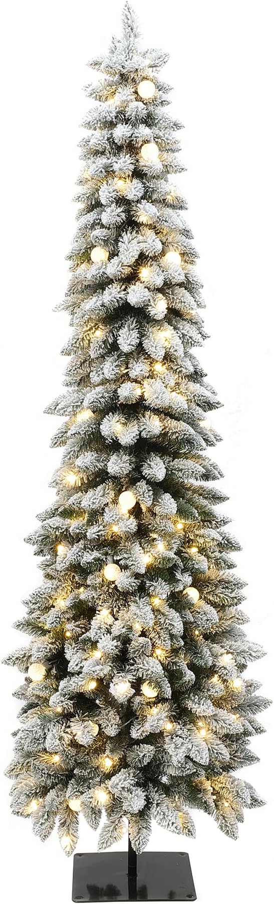 LuxenHome 7FT Flocked Christmas Tree, Slim Pencil Christmas Tree Pre-lit with 200 Warm White LED Globe Lights, Lighted Artificial Christmas Trees with Stand for Indoor, Outdoor Holiday Decorations