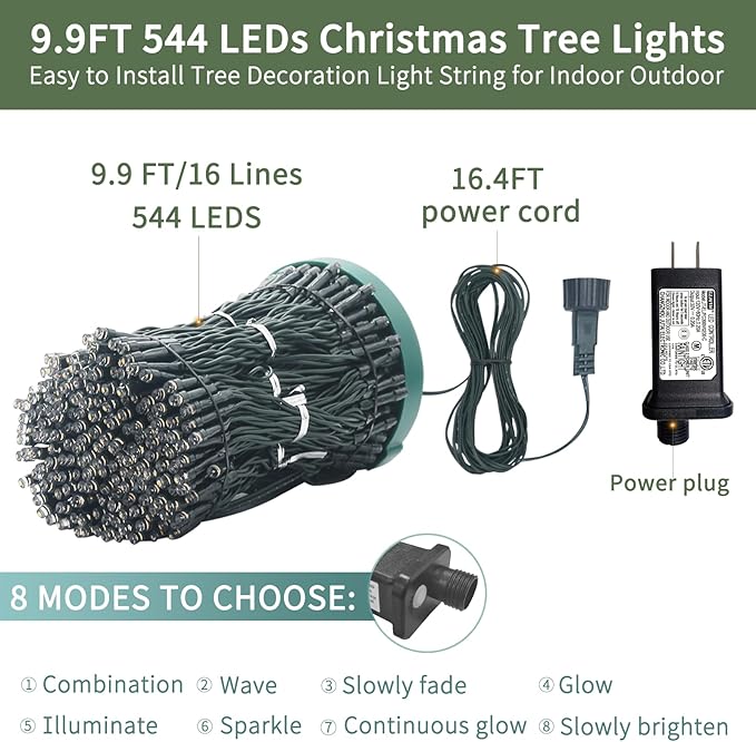 VIL Christmas Tree Lights with Ring,9.9Ft 16 Line 544 LED Green Wire Fairy Waterfall String Lights Plug in,Icicle Twinkle Lights with 8 Lighting Modes for Indoor Outdoor Xmas Tree(Warm White)