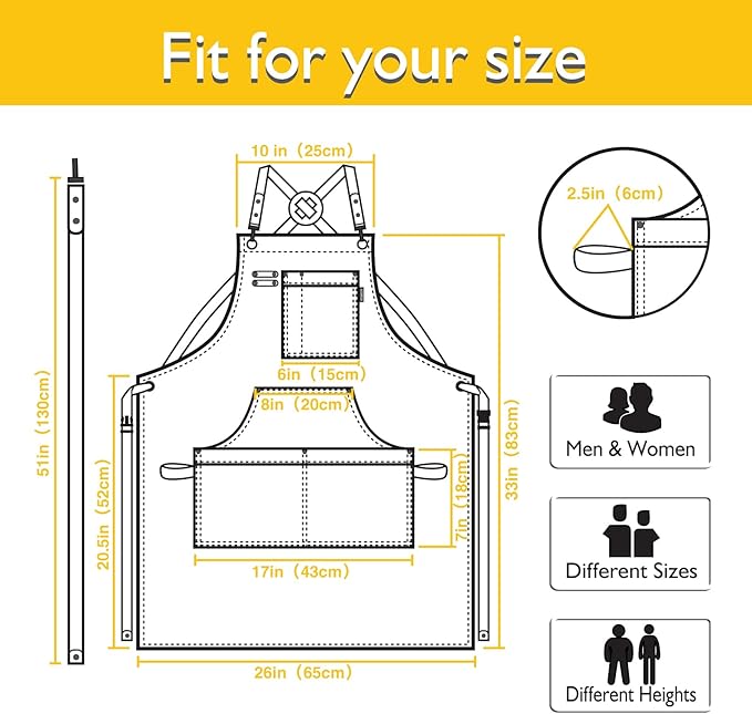 5 Pack Kitchen Apron, Work Apron, Canvas, Multiple Pockets, Gardening, Painting, BBQ, Artist, Carpenter, Sizes M to XXL, Yellow
