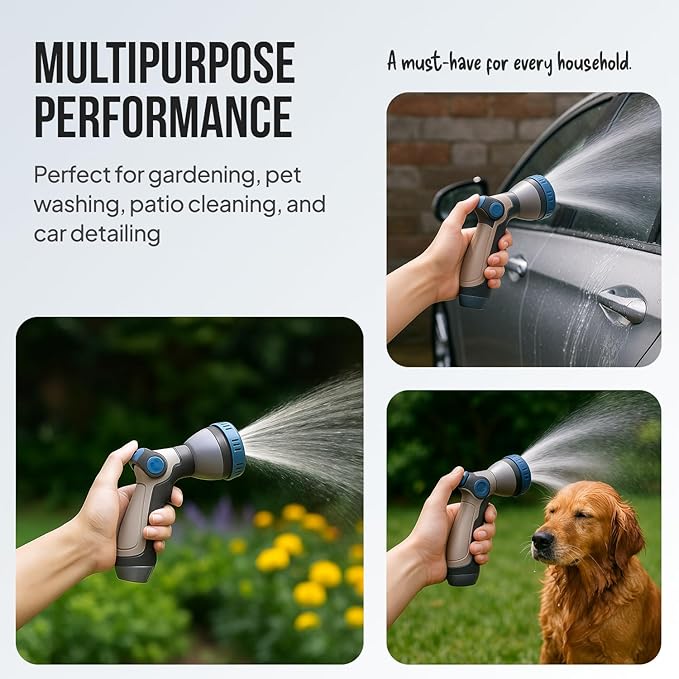 Garden Hose Nozzle – 8-Pattern Hose Sprayer with Thumb Control – Watering Tool for Garden, Car Wash, Lawn Care & Pet Shower