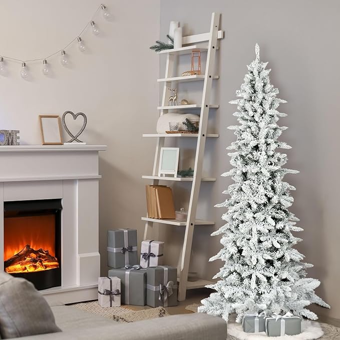Fraser Hill Farm 6.5-Ft Slim Mountain Pine Flocked Artificial Christmas Tree with Stand, Unlit Foldable Skinny Fake Tree with Realistic Snowy Foliage, Holiday Décor Greenery for Winter Decoration