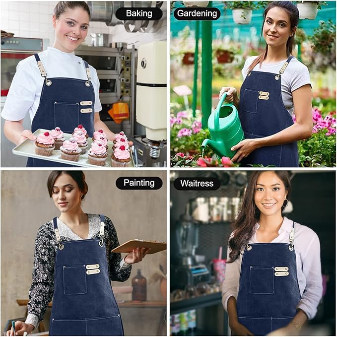 Cotton Canvas Cross Back Apron for Art Painting Garden Chef Bartender Work,Women Men 3 Pockets Waterproof Adjustable M-XXL