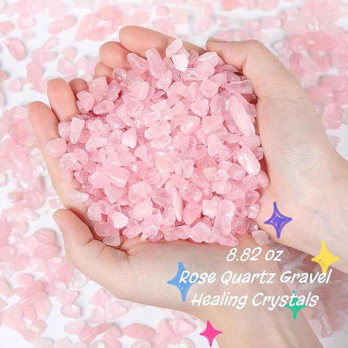 Rose Quartz Crystal Gravel Polished Chips Crushed Stones Healing Bulk Natural Tumbled Rocks Gem Home Decoration Small Pebbles for mini Aquarium Tank Plants Landscape Vase Filler Bottom Ornament 0.55lb