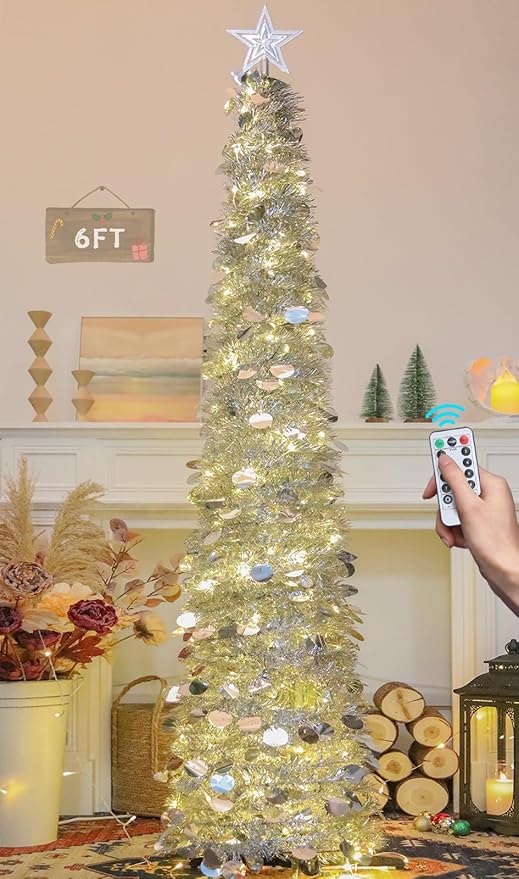 HMASYO 6 FT Pop Up Christmas Tree with 100 LED Lights & Remote, Silver Christmas Tinsel Tree, Collapsible Artificial Pencil Tree for Home Office Party Decor, USB Powered Timer Lights, Easy Assembly