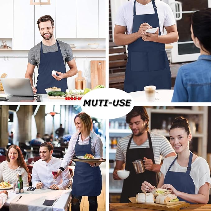 4 Pack Chef Apron, Waterproof Apron, Adjustable Apron with 2 Pockets for Men Women, Apron for Cooking Baking Restaurant (Polyester Blend, Navy Blue)