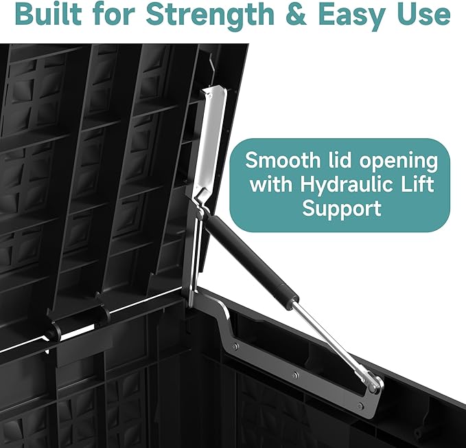 100 Gallon Waterproof Outdoor Storage Box, UV Resistant Resin Deck Box with Hydraulic Rod for Reinforced Stability, Perfect for Patio, Garden, and Pool, Quad Leaf Black