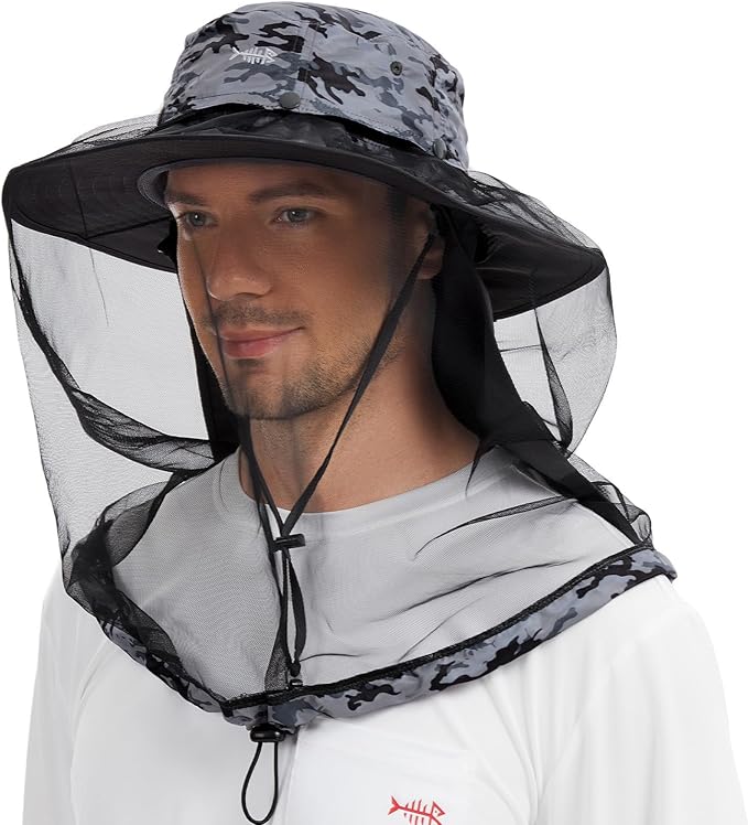 BASSDASH UPF 50+ Mosquito Sun Hat with Hidden Head Net and Neck Flap for Men Women Outdoor Fishing Hiking Camping