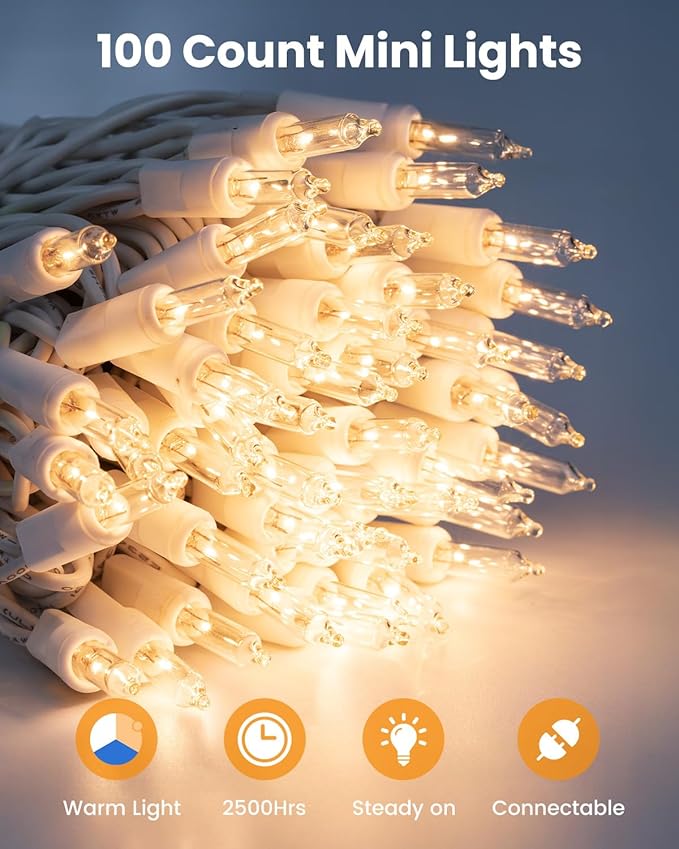 Minetom Clear Christmas Lights Set 100 Count 25 Feet Incandescent Bulb Mini String Lights for Indoor Christmas Tree Garland Birthday Wedding Party Festival Decoration, White Wire