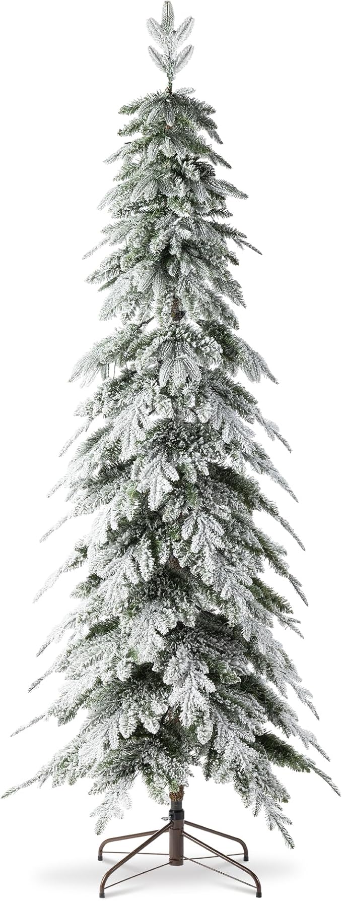 Glitzhome 7.5ft Prelit Christmas Tree, Artificial Christmas Tree with 350 Warm White Lights, Flocked Pencil Christmas Trees Chicago Frostwood Spruce with 1211 PE&PVC Branch Tips,Sturdy Metal Stand