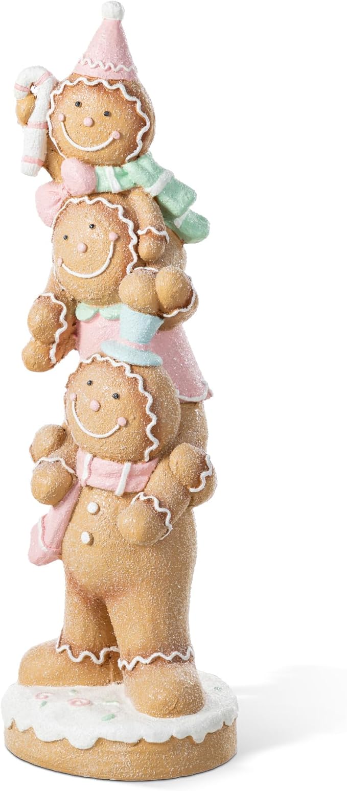 Glitzhome Christmas Front Porch Decor, Macaron Pink Resin Stacked Gingerbread Man Xmas Porch Sign Decoration for Indoor Outdoor Patio Standing Decor, 29.25" H