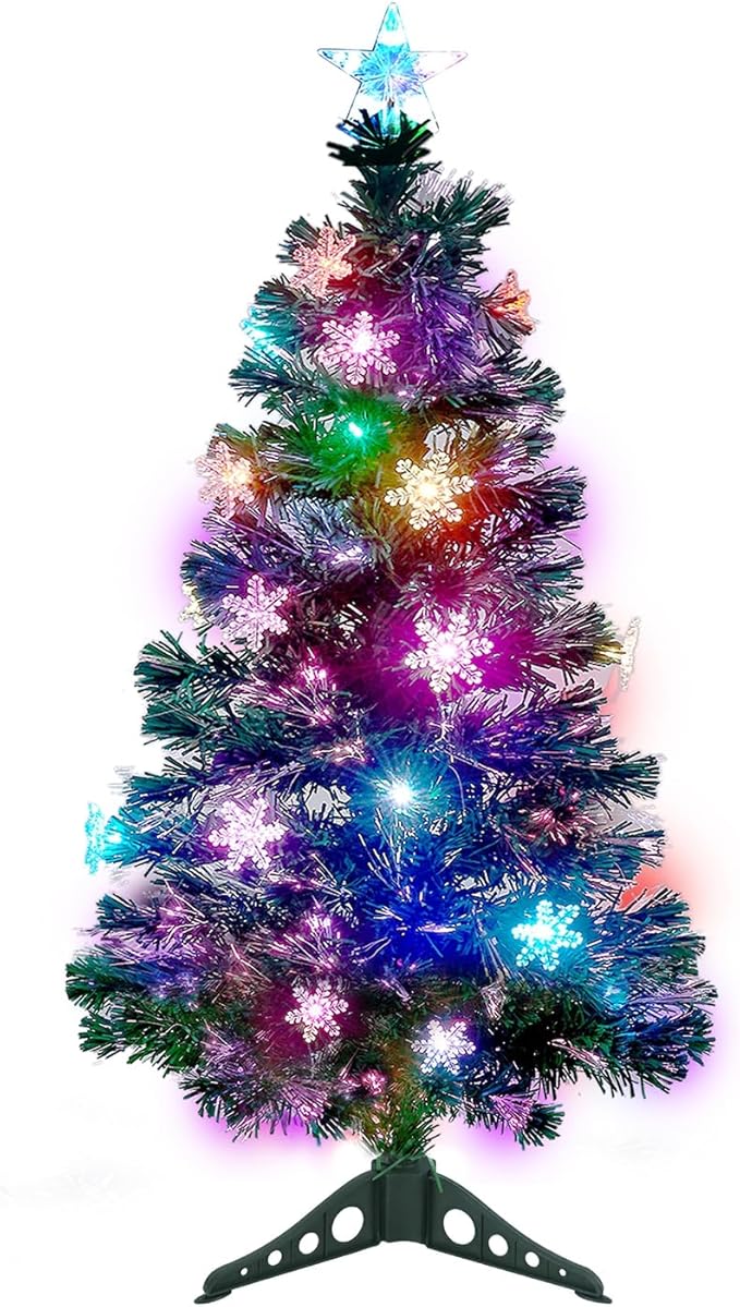 Juegoal 3 ft Pre-Lit Green Artificial Christmas Tree, Lighted Optical Fiber Table Mini Xmas Trees with Color Changing Lights, Snowflakes & Top Star, Fake Multicolored Tree for Festive Party Holiday