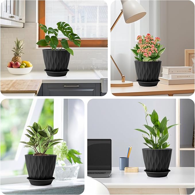 GARDIFE 7/6.5/6/5.5/5/4.5/4 inch Plant Pots, 7 Pack Flower Pots Indoor Outdoor, Planters with Drainage Holes and Tray Saucers (Black)