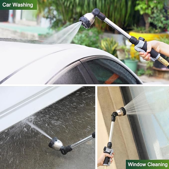 FANHAO Watering Wand Heavy Duty, 16 Inches Metal Garden Hose Wand with 8 Spray Patterns, Long Hose Nozzle Sprayer with ON/OFF Thumb Control, Perfect for Hanging Baskets, Shrubs, Garden and Lawn