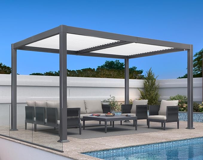 PURPLE LEAF Louvered Pergola 10' x 14' Outdoor Aluminum Pergola with White Adjustable Rainproof Roof Grey Frame Hardtop Gazebo for Patio Deck Garden