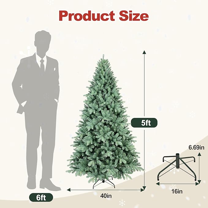 5 Ft Blue Spruce Artificial Christmas Tree, Hinged Unlit Xmas Trees with 1390 PE&PVC Mixed Branch Tips, Home Holiday School Decor with Foldable Base Easy Setup