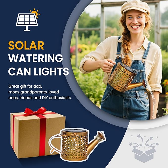 Solar Lights Outdoor Decorative, Metal Solar Watering Can Lights Waterproof, Garden Decor Hanging Lights for Outside Patio Pathway Yard, Christmas Birthday Gardening Gifts