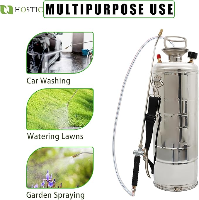 HOSTIC 1 Gallon Stainless Steel Sprayer Hand Pump Sprayer with Pressure Gauge Safety Valve Adjustable Nozzle for Gardening Lawn and Cleaning