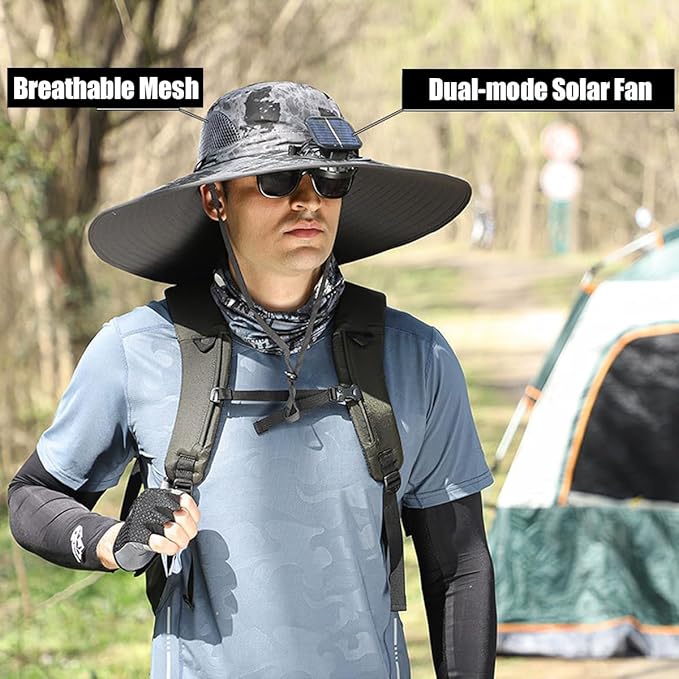 Men's Solar & USB Charging Wide Brim UPF50+ Sun Hat with Dual Fans for Outdoor Activities (Black, Medium)