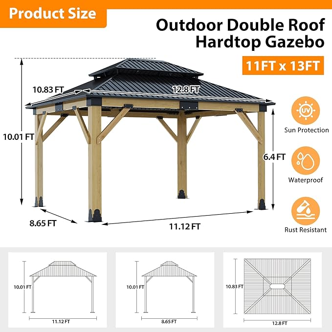 11x13FT Wood Gazebo, Outdoor Wooden Gazebo with Galvanized Steel Double Roof, Hardtop Gazebos for Garden, Patio, Deck, Backyard