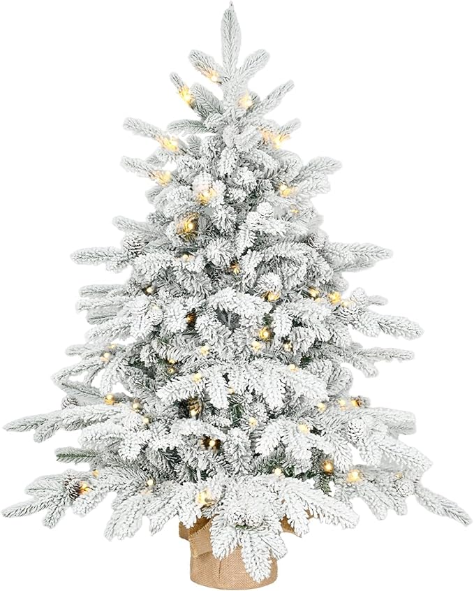 Prelit Flocked Christmas Tree, Artificial Small Christmas Tree with 100 Warm White & Multi Color Led Lights, Frosted LED Xmas Tree with Snow (3FT-Lights)