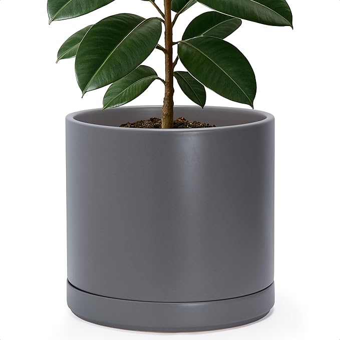 D'vine Dev 14 Inch Ceramic Planter Pot with Drainage Hole and Saucer, Indoor Cylinder Round Planter Pot, Speckled Grey, 94-O-G-3