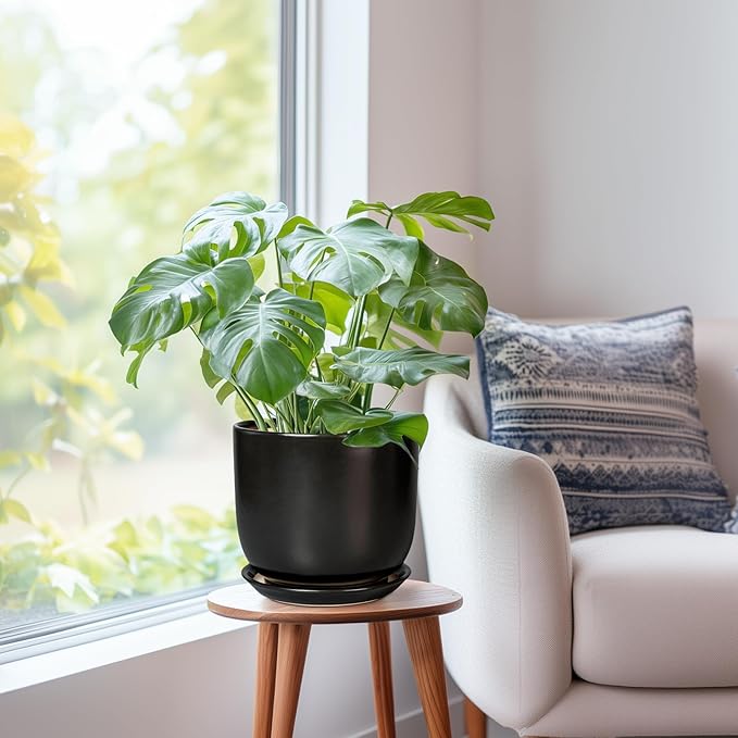 Ceramic Flower Pot 8 Inch - Modern Round Planter for Indoor Outdoor Plants with Drainage Hole and Saucer, Home House Room Office Patio Decor, Black