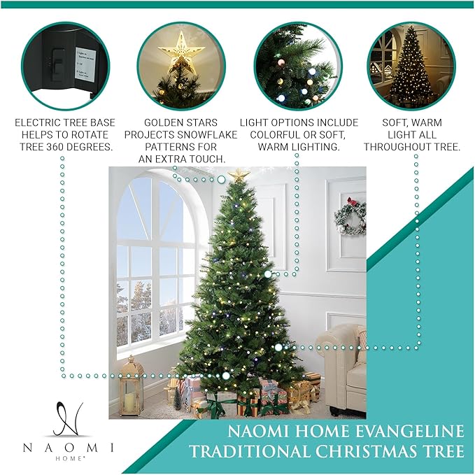 Evangeline 6.5ft Rotating Christmas Tree with Star Projector, 1024 Branch Tips, 380 Warm Lights and Rotating Base, 45" Wide Realistic Traditional Christmas Tree with Lights by Naomi Home