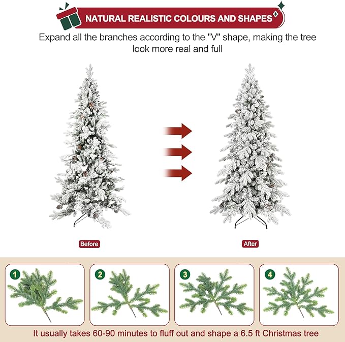 6.5 FT Pre-Lit Snow Flocked Slim Fir Christmas Tree with 1085 PE & PVC Mixed Branch Tips,Artificial Skinny Pencil Xmas Tree with 700 Warm-White Lights & 37 Pine Cones,Hinged Pine Tree with Metal Stand