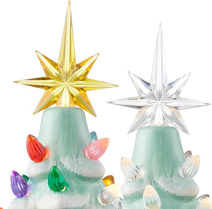Casafield Hand Painted Ceramic Christmas Tree, Seafoam Snow Flocked 12-Inch Pre-Lit Tree with 100 Multi Color Lights and 2 Star Toppers