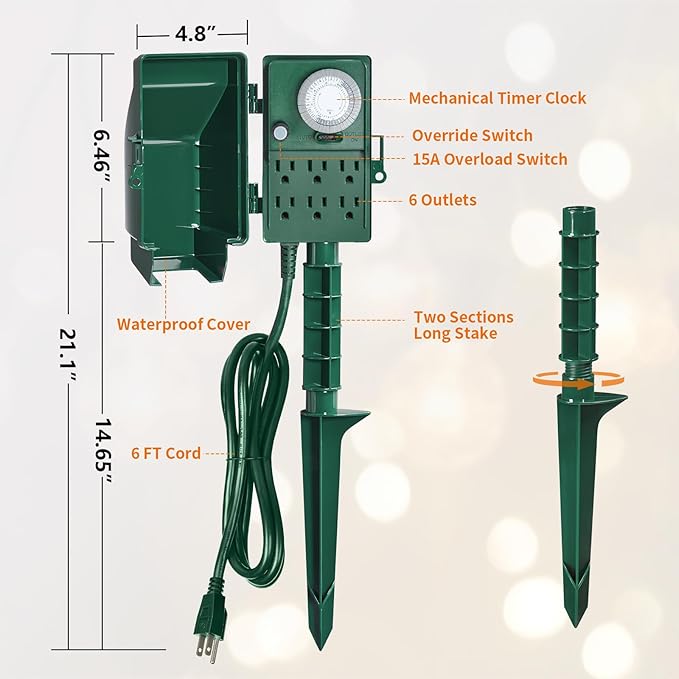SURAIELEC Outdoor Power Stake Timer, 24-Hour Mechanical Light Timer, Electrical Power Strip Weatherproof, 6FT Extension Cord Multiple Outlet Plug for Patio Lights, Christmas Decorations, ETL Listed