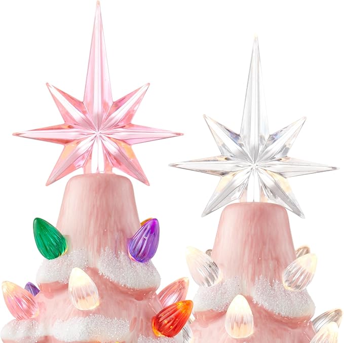 Casafield Hand Painted Ceramic Christmas Tree, Pink Snow Flocked 12-Inch Pre-Lit Tree with 100 Multi Color Lights and 2 Star Toppers