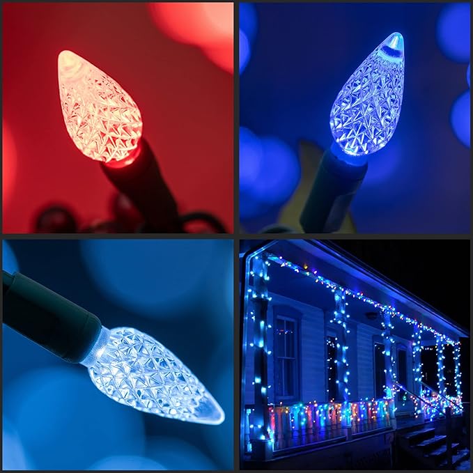 YULETIME Red White Blue One-Piece C6 Strawberry Christmas Lights 140 Count 71 Feet, 2 Sets 70 LED 35.5 ft High Waterproof UL Certified String Light (Red, White & Blue)