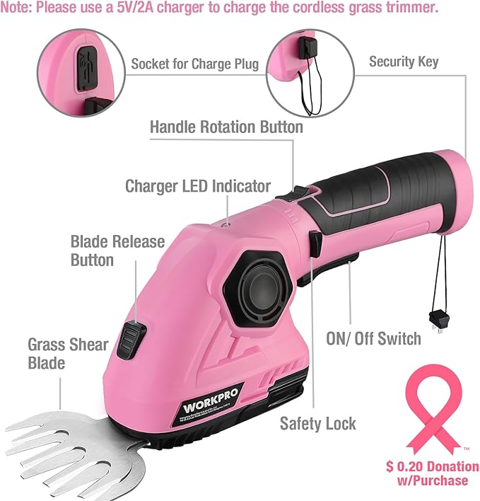 WORKPRO Pink Cordless Grass Shear & Shrubbery Trimmer - 2 in 1 Handheld Hedge Trimmer 7.2V Electric Grass Trimmer Hedge Shears/Grass Cutter 2.0Ah Rechargeable Lithium-Ion Battery - Pink Ribbon