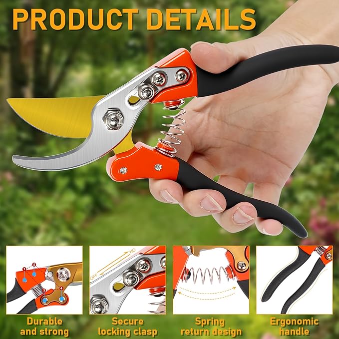 Heavy Duty Pruning Shears,Garden Scissors & Clippers with Red-BIDMLI 8.66" SK5 Steel Blades & Aluminum Alloy Handles, Tree Branch Cutter, Ideal for Thick Branches, Dry Twigs, Flower Pruning Tool.