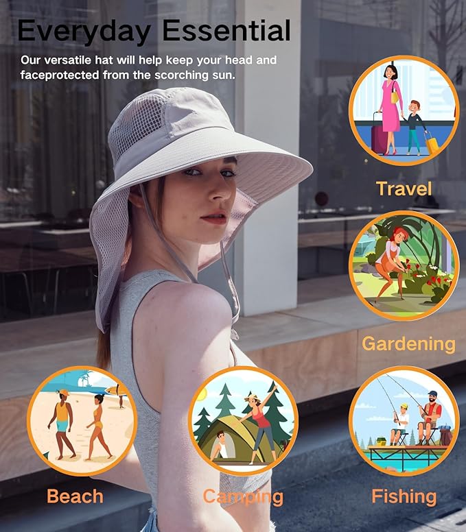 UV Sun Protection Hat Women Foldable Neck Flap Wide Brim Fishing Hat with Ponytail Hole for Women