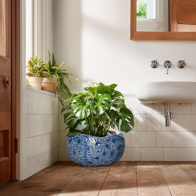 Bonsai Tree Pot - 13 Inch Large Ceramic Pots for Plants Indoor Outdoor, Round Planter, Decorative Flower Pot with Drainage Hole, Modern Unique Planter, Garden Decor Home, Garden Gifts, Blue