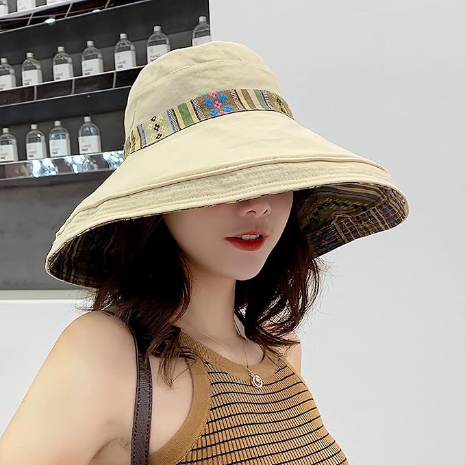 Women Wide Brim Sun Hats Metal Wired Edge Summer UV Protection Beach Fishing Hat for Hiking Garden Travel Chin Strap